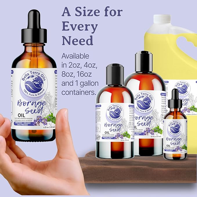 Bella Terra Oils - Organic Borage Seed Oil 4oz - Full of GLA, Embrace The Essence of Pure Organic Borage, Rich in Vitamins A & C, A Natural Boost for Skin's Vitality