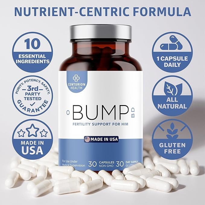 Bump BD, Natural Fertility Supplement for Men, Male Prenatal Vitamins with Selenium, CoQ10, L-Methylfolate, Folinic Acid, DHA + EPA to Support Hormonal Balance & Motility, 30 Caps