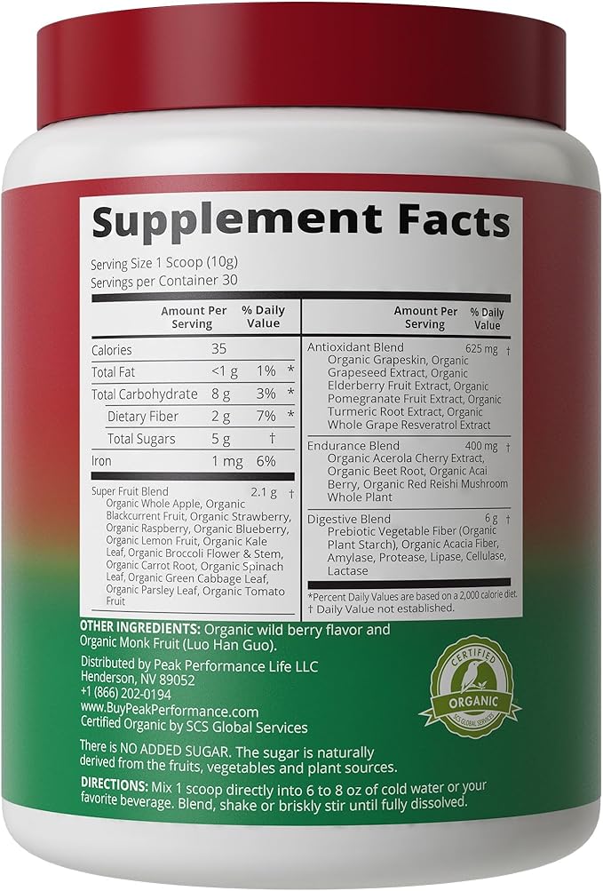 Peak Performance Organic Reds Superfood Powder, Best Tasting Organic Red Juice Super Food w/ 25+ All Natural Ingredients & Polyphenols, Vital for Max Energy and Detox. Raspberry, Elderberry, Beetroot