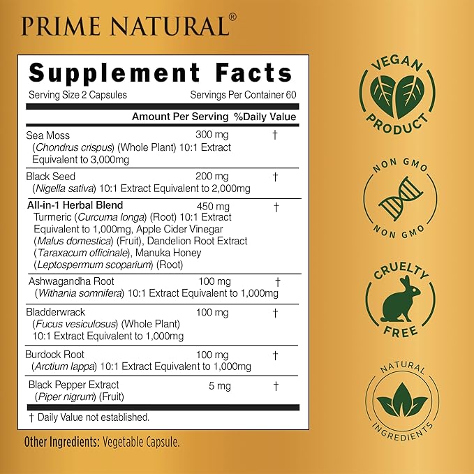 Sea Moss 3000mg Black Seed Oil 2000mg Ashwagandha 1000mg Turmeric 1000mg Bladderwrack 1000mg Burdock 1000mg Manuka 120 Capsules 60 days