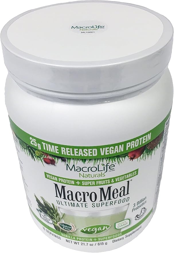MacroLife Naturals MacroMeal Vegan Protein Powder Superfood Greens Probiotics + Fiber, Immune Energy Digestive Daily Essentials for Women & Men Gluten-Free - (15 Servings) (15 Servings, Vanilla)