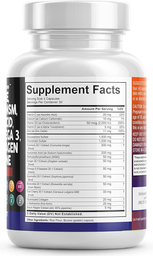 Clean Nutraceuticals Glucosamine Chondroitin MSM Turmeric 3 Pills 120 Count