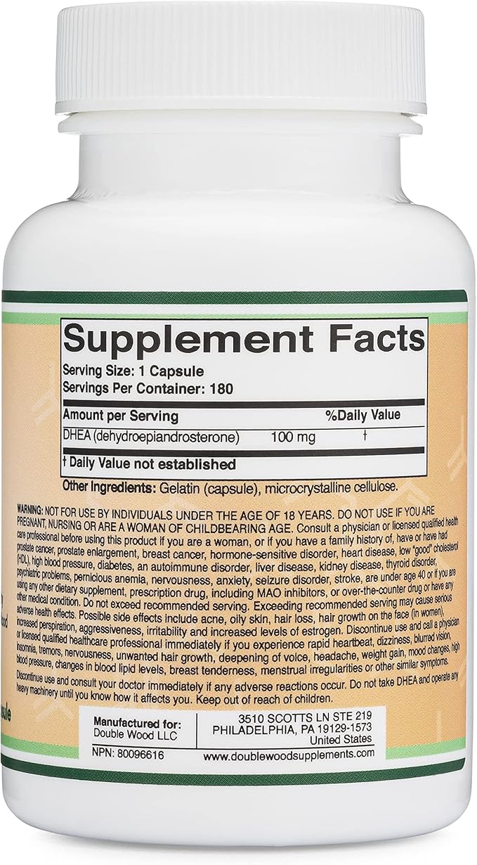 DHEA 100mg | 180 Capsules | Max Strength 6 Month Supply | Third Party Tested | Hormone Balance & Healthy Aging by Double Wood