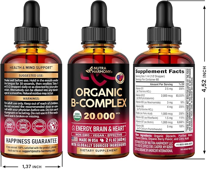 USDA Organic Vitamin B-Complex B5 Pantothenic Acid B12 Methylcobalamin B1 Thiamine B6 Pyridoxine B7 Biotin B9 Folic B3 Niacinamide 2fl oz