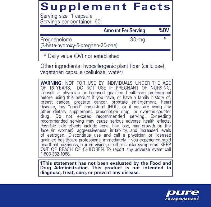Pure Encapsulations Pregnenolone - 30 mg - Hormone Support - Memory Support & Brain Supplement - Gluten Free & Vegan - 60 Capsules