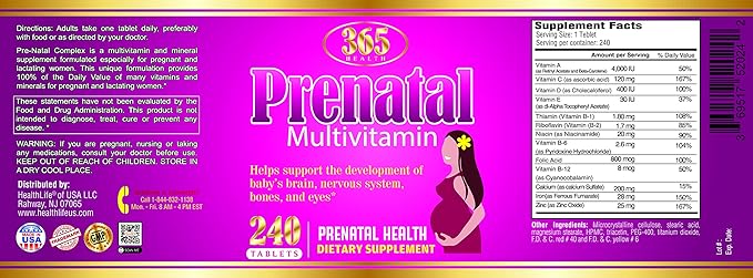 365 Health Prenatal Multivitamin with Folic 240 Tablets, 240 Day