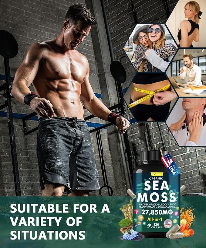 Irish Sea Moss Capsules 120 Count - Advanced Sea Moss Pills with Black Seed Oil, Ashwagandha, Ginger, Bladderwrack, Elderberry, Vitamin C & D3 - Superfood, Wild Seamoss Tablets,Seamoss Pills
