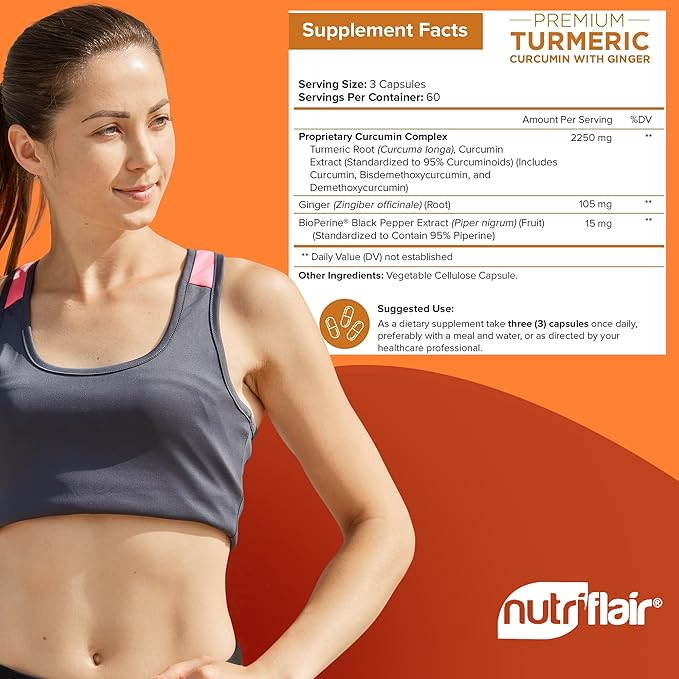 NutriFlair Turmeric Curcumin with Ginger and 180 Capsules 95% Curcuminoids