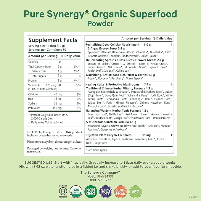PURE SYNERGY Organic Superfood Powder | Organic Green Superfood Powder | Whole Food Supplement with Organic Greens, Spirulina and Mushrooms | for Energy, Healthy Aging, and Immune Health (12.5 oz)