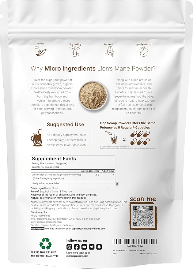 Micro Ingredients Organic Lions Mane Mushroom Supplement Powder, 16 Ounce | Natural Superfood for Brain, Energy, & Immune Health | Non-GMO Vegan