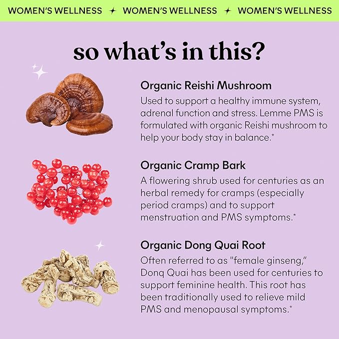 Lemme PMS Hormone Balance for Women Liquid Drops, PMS & Mild Period Cramping Relief, 10-in-1 Herbal Blend with Raspberry Leaf, Dong Quai, Cramp Bark, Reishi & B2, Organic, Sugar-Free, 1 fl oz