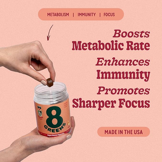 8Greens Supergreens Gummies | Super Greens Powder Superfood Gummy for Metabolism, Immunity & Focus, Digestive Health Enzymes, Organic: Chlorella, Spirulina, Aloe Vera, Peach Flavor, 200 Count