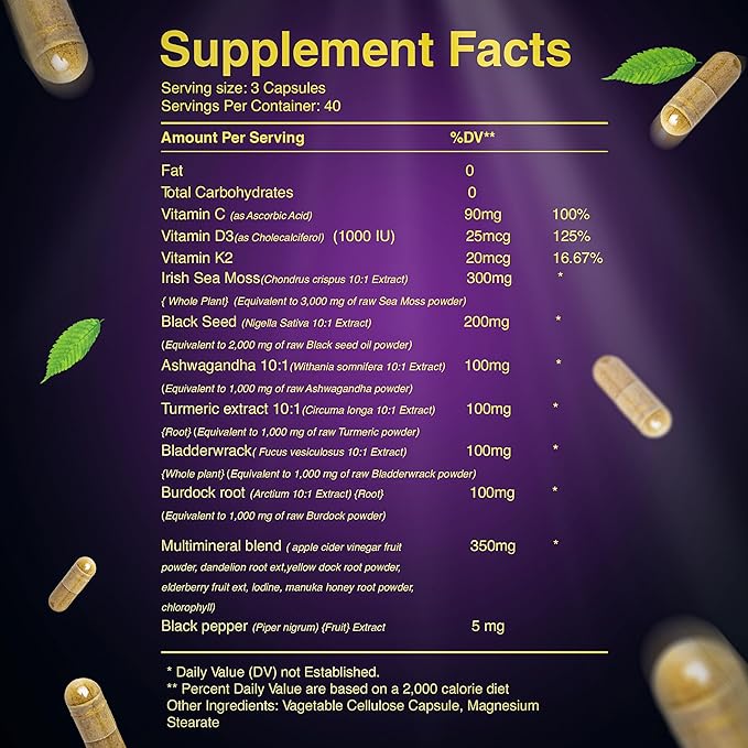 Sea Moss 3000mg Black Seed Oil 2000mg Ashwagandha 1000mg Bladderwrack 1000mg Burdock 1000mg Turmeric 1000mg & D3, K2 K2 with 120 Count