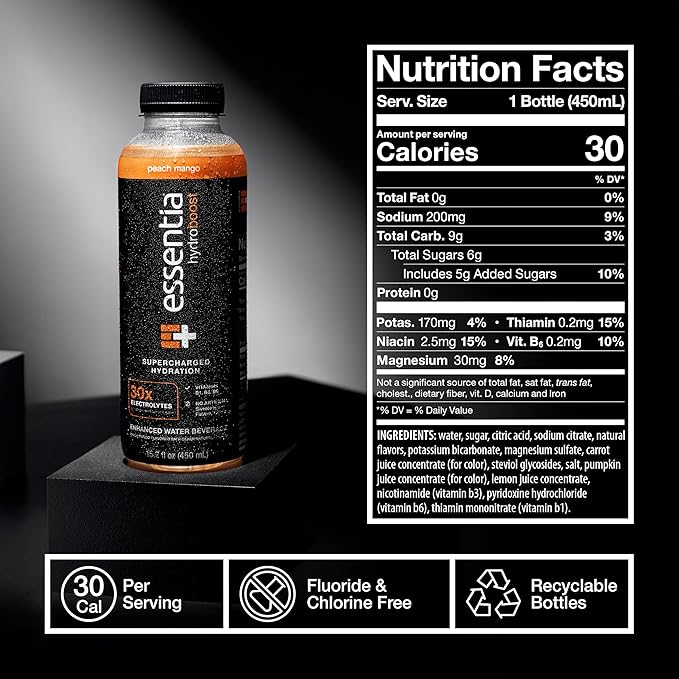 NEW Essentia Hydroboost Enhanced Bottled Water, 15.2 fl. oz. (450 mL), 12 Pack, Peach Mango, Hydrolyte Blend with B-Complex Vitamins and Electrolytes, Clean Taste & Supercharged Hydration