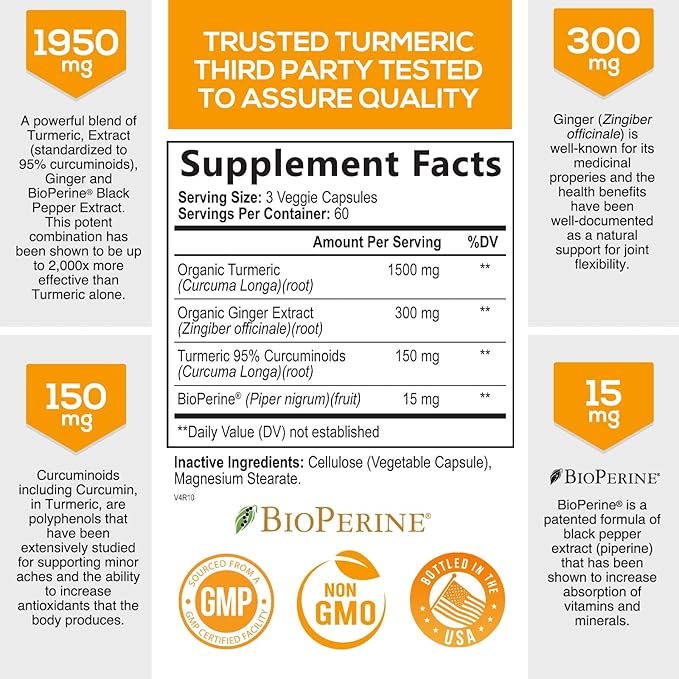 Turmeric Curcumin with BioPerine & Ginger 95% Curcuminoids 1950mg - 180 Capsules