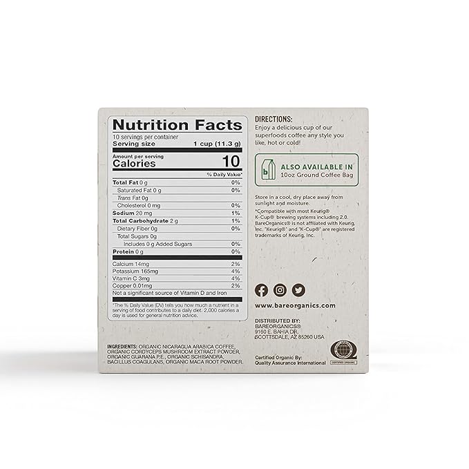 BareOrganics 13214 ENERGIZING USDA Organic Coffee Infused with Superfoods & Probiotics, Organic Coffee Pods, Keurig K-Cup Compatible Organic Coffee Pods, Vegan, Gluten Free, 10 Single (Pack of 2)