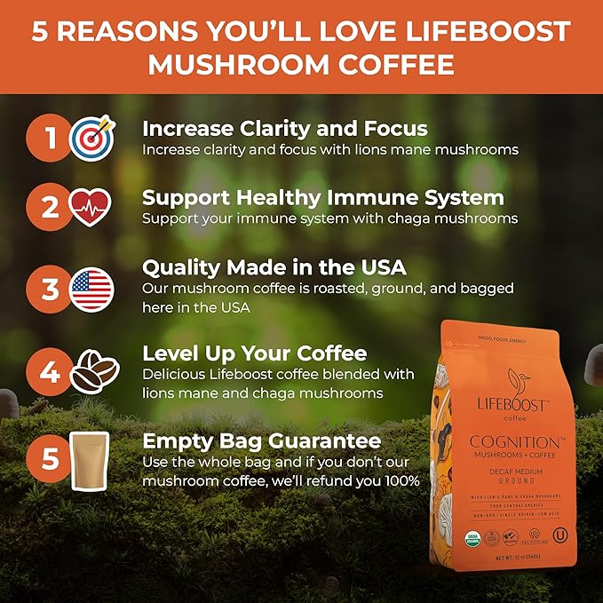 Lifeboost Cognition Adaptogenic Decaf Mushroom Coffee - Lions Mane & Chaga Nootropic Coffee - Low Acid Decaf Medium Organic Coffee - Increase Energy, Boost Focus & Immune Support - 12 oz Bag - Ground