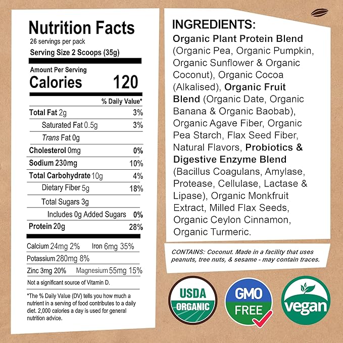 EarthChimp Organic Vegan Protein Powder - with Probiotics - Non GMO, Dairy Free, Non Whey, Plant Based Protein Powder for Women and Men, Gluten Free - 26 Servings 32 Oz (Chocolate) No Scoop