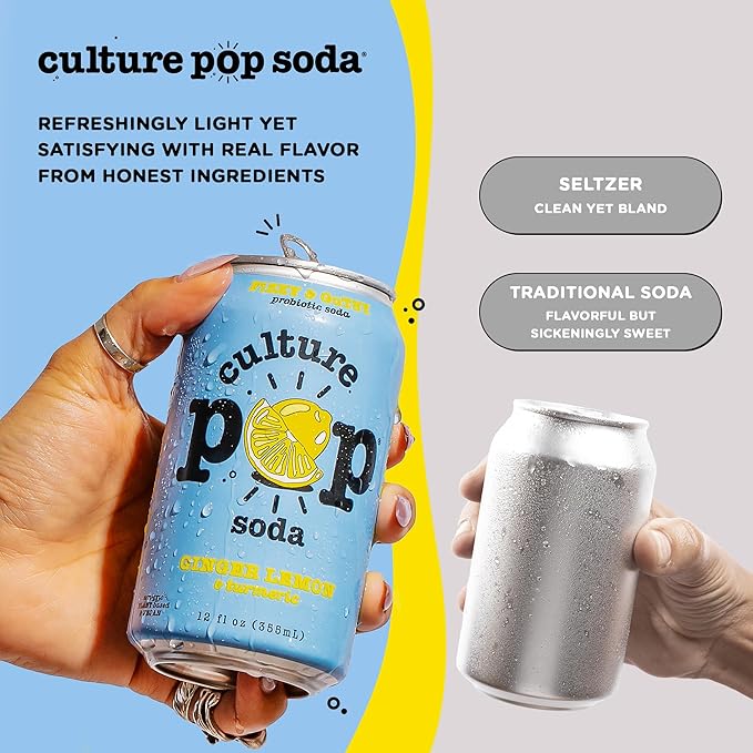 Culture Pop Soda, Ginger Lemon & Turmeric, Probiotic Low Sugar Soda, Sparkling Juice Alternative, Non-GMO, Kosher, Gluten-Free, No Stevia (12pk)