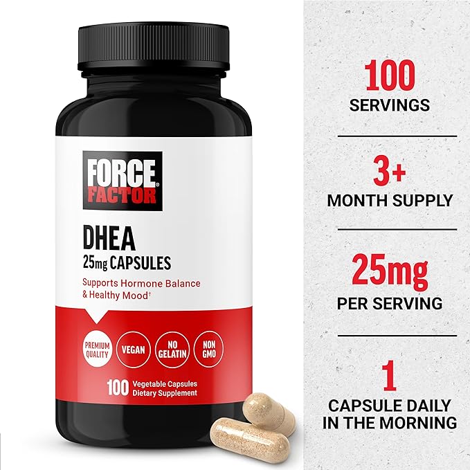 FORCE FACTOR DHEA 25mg, DHEA Supplement for Women and Men to Support Hormone Balance and Healthy Mood, Premium Quality, Vegan Friendly, Non-GMO, 100 Vegetable Capsules