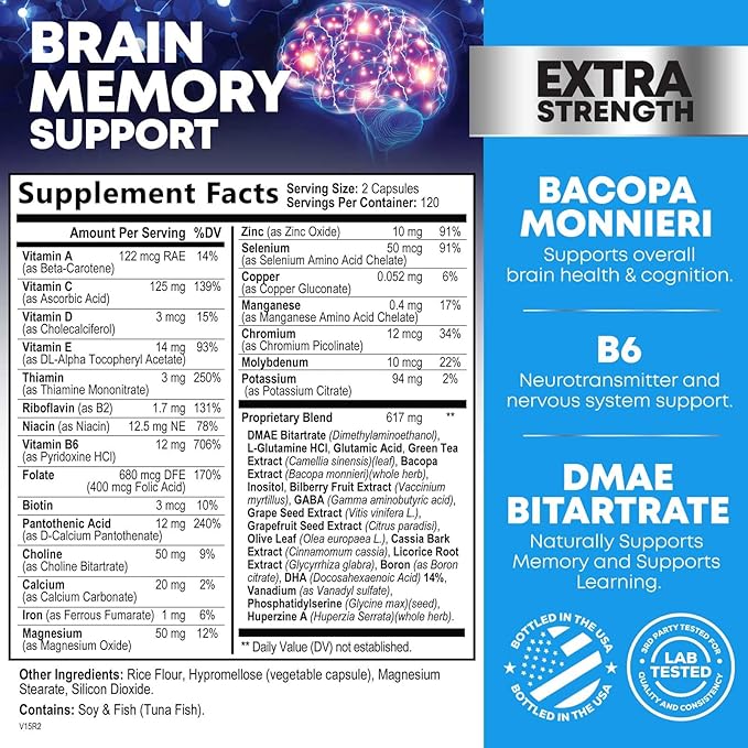 Brain Supplements for Memory and Focus - 40 Nootropics & Vitamins to Support Mental Alertness, Clarity & Concentration, Brain Health Cognitive Memory Pills, B6, B12, Phosphatidylserine - 240 Capsules