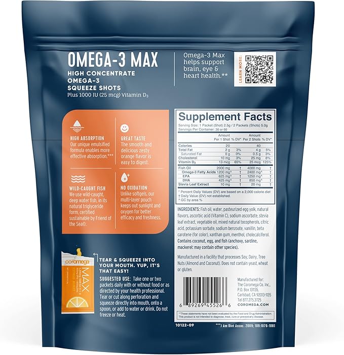 Coromega MAX High Concentrate Omega 3 2400mg Omega-3s Omega-3s with 3X Better 30 Single