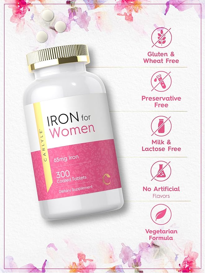 Carlyle Iron for Women 65mg | 300 Coated Tablets | Vegetarian, Non-GMO & Gluten Free Supplement