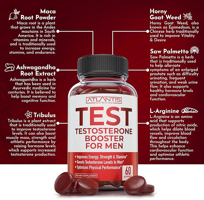 Atlantis Nutrition Testosterone Booster For Men Gummies - Male Enhancement, Boosts Energy, & Optimizes Physical Performance Formulated w/Tribulus, Horny Goat Weed, Saw Palmetto, Maca Root - 60 Gummies