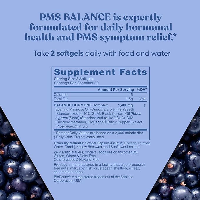 Balance PMS Vitamins for Women - Hormone Balance for Women, Menstrual & PMS Relief - Bloating, Cramping, Mood Swings, Restlessness, Clear Skin - Primrose Oil, Black Seed Oil & DIM - 60 Liquid Softgels