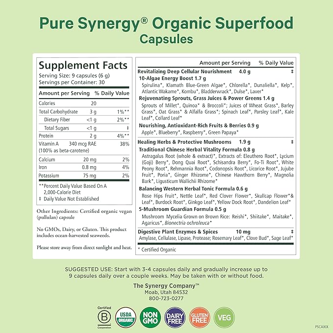 PURE SYNERGY Superfood Capsules | Organic Superfood & Greens Supplement | Whole Food Capsules with Super Greens, Spirulina, & Mushrooms | for Energy, Healthy Aging & Immune Health (270 Capsules)