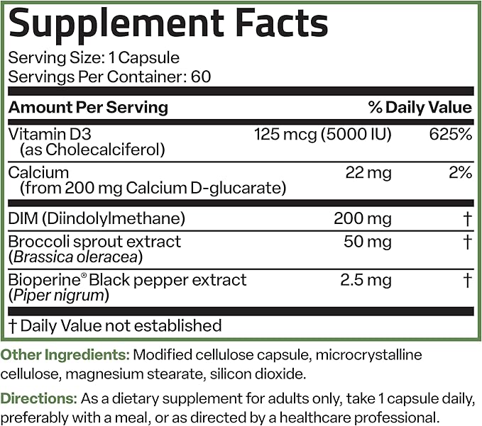 Bronson DIM Balance+ Calcium D-Glucarate, Broccoli Sprouts and Vitamin D3 200 MG of DIM per Capsule Supports Estrogen Metabolism and Balanced Hormone Levels Non-GMO, 60 Vegetarian Capsules