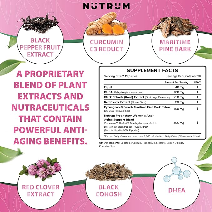 Estrolife Anti-Aging Support for Women by Nutrum, Vegan Supplement for Long Lasting Female Hormonal Balance, Ovarian Function, Skin Hydration, Elasticity and Firmness, Menopause Relief, 60 Capsules