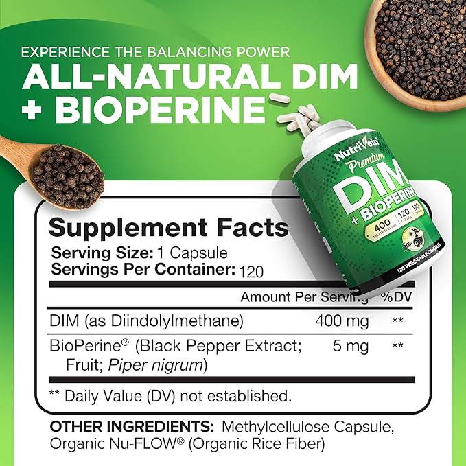 Nutrivein DIM Supplement 400mg Diindolylmethane Plus Bioperine - Maintain Hormone Balance with Estrogen for Menopause and Middle Age - Supports Acne and PCOS Treatment Men & Women