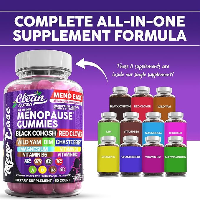 Menopause Supplement For Women Gummies with Black Cohosh, Wild Yam Magnesium, Red Clover For Menopause Relief Hormone Balance Night Sweats Mood Plus Bergamot, Vitamin D3, Vitamin B12, Vitamin B6 Clean