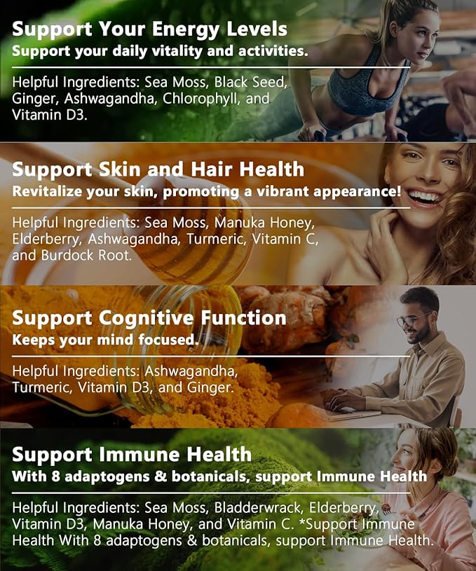 Sea Moss Capsules with Black Seed Oil, Aşhwagandha, Ginger & Vitamin C - Advanced Sea Moss Pills, Wildcrafted Sea Moss, Bladderwrack & Elderberry, 90 Tablets