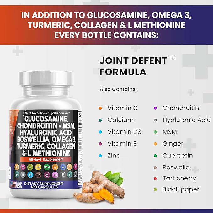 Clean Nutraceuticals Glucosamine Chondroitin MSM Turmeric 3 Pills 120 Count