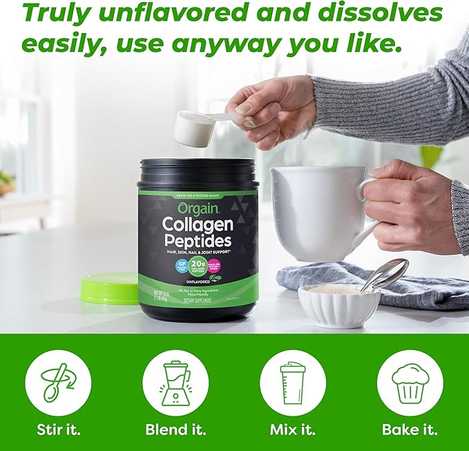 Orgain Hydrolyzed Collagen Peptides Powder 20g Grass 1lb