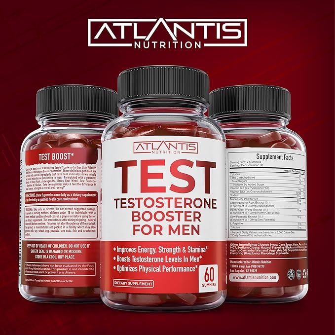 Atlantis Nutrition Testosterone Booster For Men Gummies - Male Enhancement, Boosts Energy, & Optimizes Physical Performance Formulated w/Tribulus, Horny Goat Weed, Saw Palmetto, Maca Root - 60 Gummies