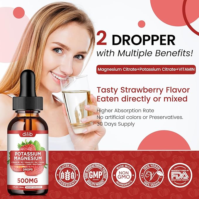 Potassium Magnesium Citrate Supplement, Liquid Magnesium Citrate Drops 500mg with Ashwagandha, Calcium, Zinc, Vitamin D3, B6, B12, CoQ10 - Support Calm & Bone & Muscle & Immune Health Vegan 2 Pack