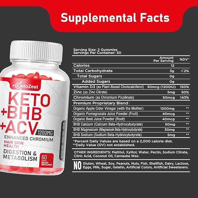 Organic Keto ACV BHB Gummies - Apple Cider Vinegar with The Mother Supplement - Vitamin D3 Zinc Beetroot Pomegranate Chromium Beta Hydroxybutyrate - Vegan Sugar Gluten Free for Men Women