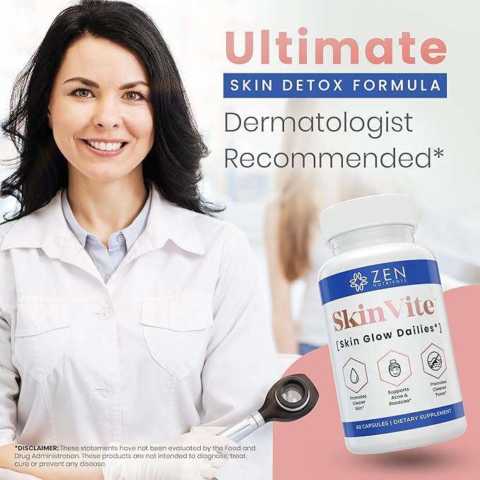 Zen Nutrients SkinVite Natural Skin Supplement for Women, Men & Teens- Hormonal Skin Treatment & Clear Skin Support Supplement - Detoxifying Vitamin for Clear Skin, Acne and Digestion Support