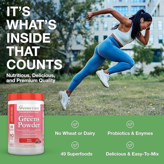 Greens First Original Greens Powder - 49 Superfoods - Organic Fruits & Veggies - Prebiotics, Probiotics & Digestive Enzymes - Antioxidant Smoothie - Dairy Free, Vegan & Non-GMO (Berry, 30 Servings)