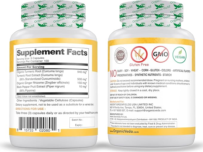 Organic Veda Turmeric and Ginger Capsules 300 Pills (95% curcuminoids)
