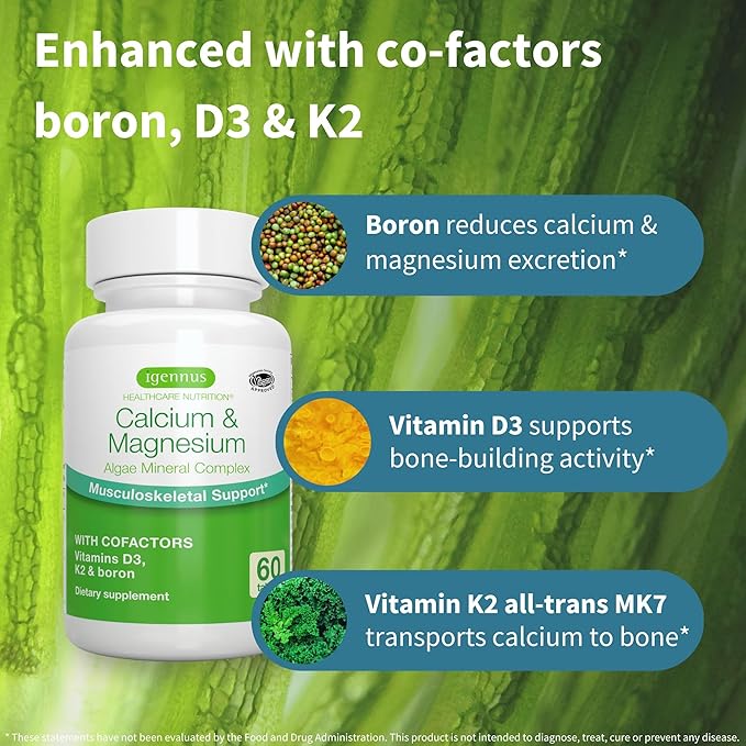 High Absorption Algae Calcium & Magnesium K2 & D3, Non-GMO 6 x 60 Tablets,