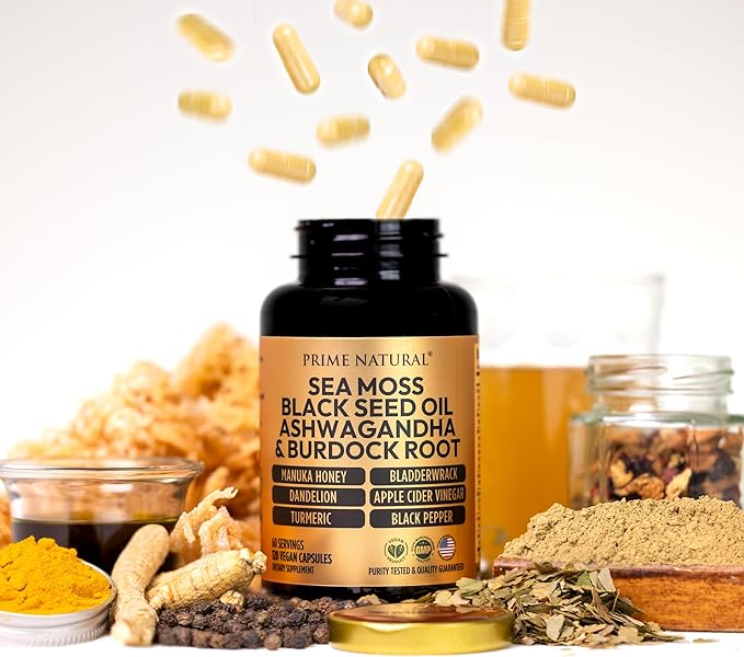 Sea Moss 3000mg Black Seed Oil 2000mg Ashwagandha 1000mg Turmeric 1000mg Bladderwrack 1000mg Burdock 1000mg Manuka 120 Capsules 60 days