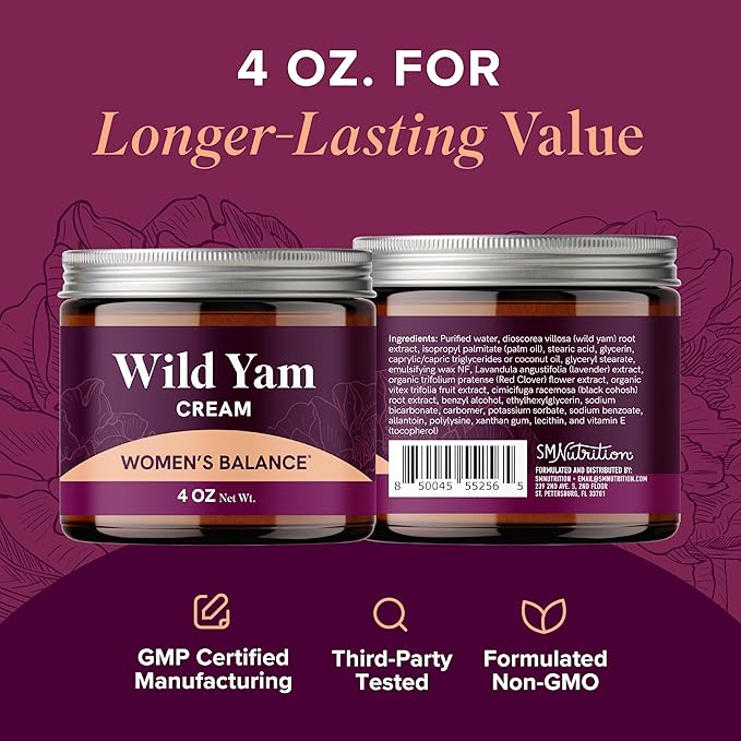 Wild Yam Cream for Hormone Balance | 3450mg Wild Yam for Herbal Menopause & PMS Support | Enriched with Vitex, Black Cohosh, Lavender & More | Estrogen & Progesterone Free Balancing Cream | 4 Oz.