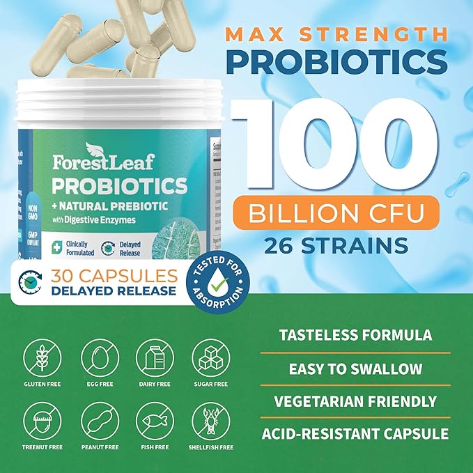 ForestLeaf Clinically Studied Probiotics 100 Billion 26 Strains 30 Capsules