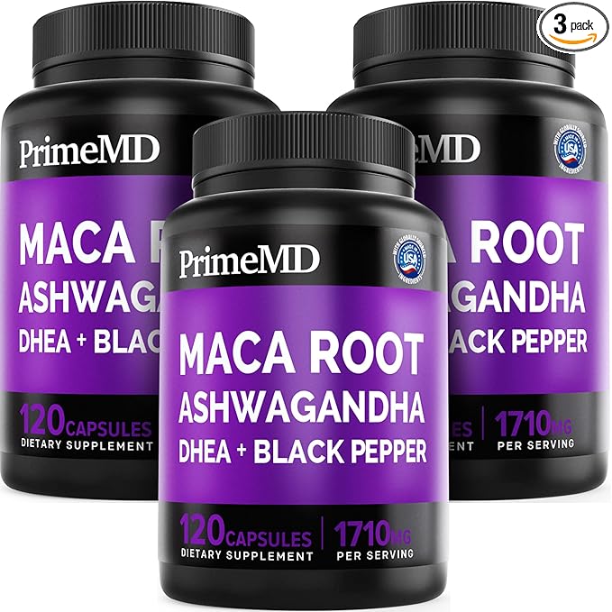 PrimeMD 6-in1 Organic Maca Root Ashwagandha Capsules 1710mg with DHEA and Black Pepper Fruit Extract - Maca Root Capsules for Women and Men - Stamina, Bone and Mood Support Supplement, 360ct (3 Pack)