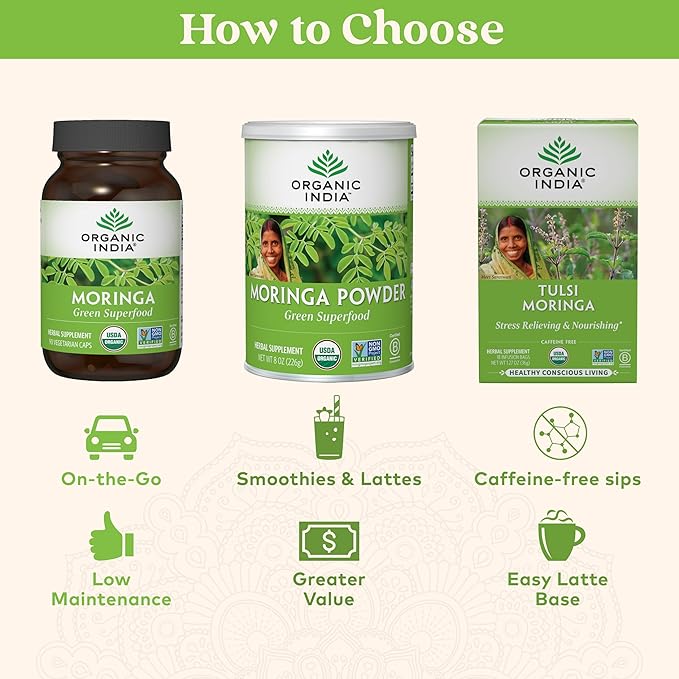 ORGANIC INDIA Moringa Powder - Moringa Oleifera Leaf Herbal Supplement, Green Superfood, Nutrient Dense, Pure Plant Protein, Vitamin A, E, K, Iron, Calcium, Fiber, Vegan, USDA Certified Organic - 8 oz
