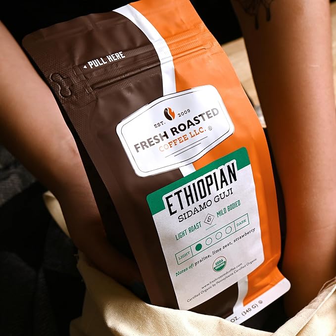 Fresh Roasted Coffee, Organic Ethiopian Sidamo Guji, 12 oz, Light Roast, Kosher, Whole Bean